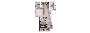 A top-down view of a small apartment with a living room, kitchen, and bedroom.