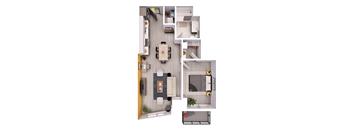 A top-down view of a small apartment layout with a kitchen, living room, and bedroom.