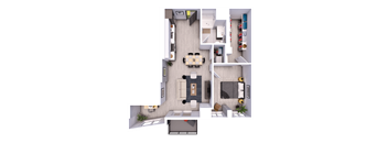 A top-down view of a house layout with a living room, kitchen, and bedrooms.