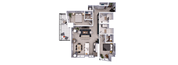 A top-down view of a modern apartment layout.