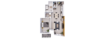 A 3D floor plan of a small apartment with a kitchen, living room, and bathroom.