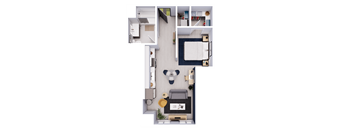 A top-down view of a small, neatly organized apartment with a living area, kitchen, and bedroom.