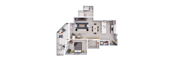 A top-down view of a house layout with a living room, kitchen, and two bedrooms.