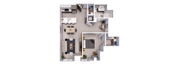 A top-down view of a modern apartment layout with a dining area, living room, kitchen, and bedroom.