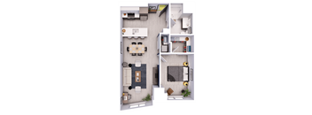 A top-down view of a modern apartment layout with a kitchen, living room, and bedroom.