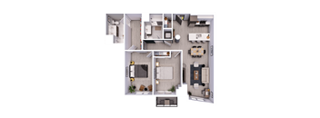 A top-down view of a modern apartment layout with a living room, kitchen, dining area, and bedrooms.