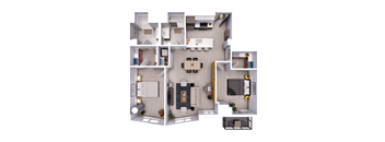 A detailed 3D floor plan of a modern apartment layout.