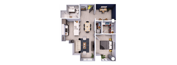 A top-down view of a small, neatly organized apartment with a kitchen, living room, and bedroom.