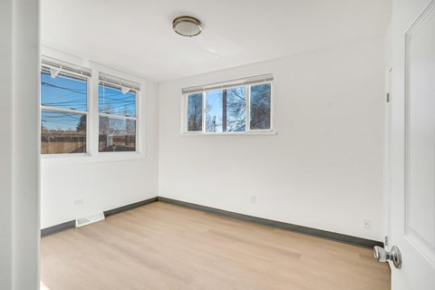 A room with a white wall and a window with a view of a tree.