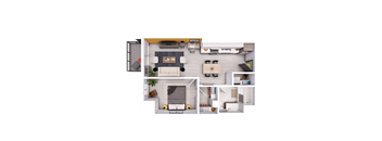 A top-down view of a modern living room with a kitchen area.