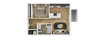 A top-down view of a small apartment layout with a bedroom, living room, and kitchen.