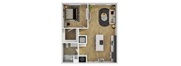 A top-down view of a small apartment with a kitchen, living room, and bathroom.