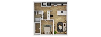 A top-down view of a small apartment with a living room, kitchen, and bathroom.