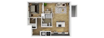 A top-down view of a modern apartment layout with a kitchen, living room, and bathroom.