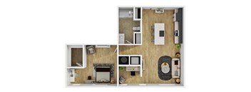 A top-down view of a small apartment layout with a kitchen, living room, and bedroom.