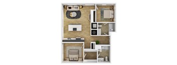 A top-down view of a small apartment with a living room, kitchen, and bedroom.