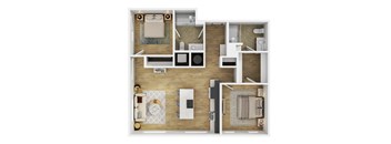 A top-down view of a small apartment with a kitchen, living room, and bathroom.