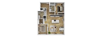 A top-down view of a small apartment with a kitchen, living room, and bathroom.