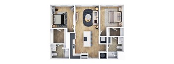 A top-down view of a modern apartment layout with a living room, kitchen, and two bedrooms.