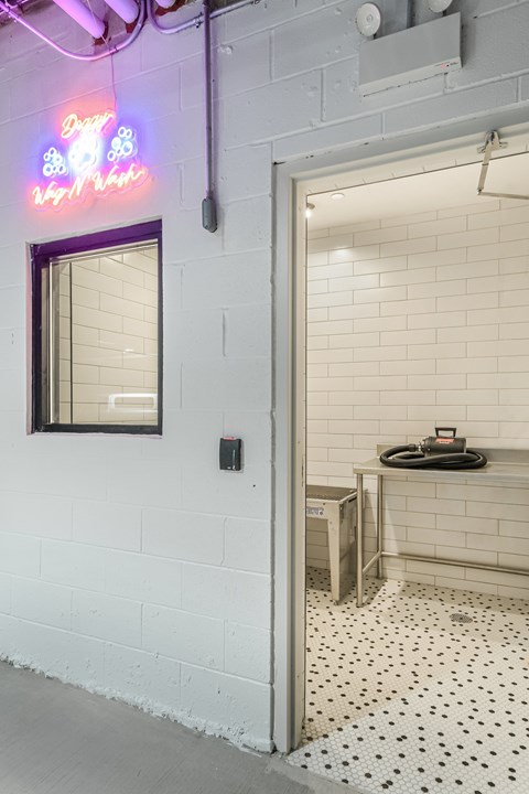 A bathroom with a neon sign that says "Doggy Way Out".