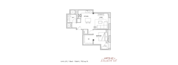 A floor plan of a one bedroom apartment with a bathroom and a living room.