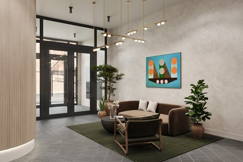 A modern living room with a brown couch, a green rug, and a colorful painting on the wall.