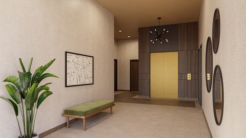 A hallway with a bench, a plant, and a framed picture on the wall.