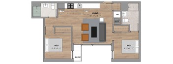 A floor plan of a house with two bedrooms, a living room, a dining room, a kitchen, a bathroom, and a balcony.