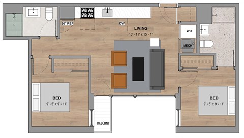 A floor plan of a house with two bedrooms, a living room, a dining room, a kitchen, a bathroom, and a balcony.