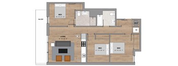 A floor plan of a house with a balcony, living room, and two bedrooms.