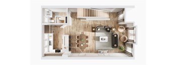 A top-down view of a modern kitchen with wooden walls and white appliances.