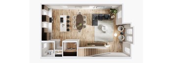 A modern kitchen with a wooden wall and white cabinets.