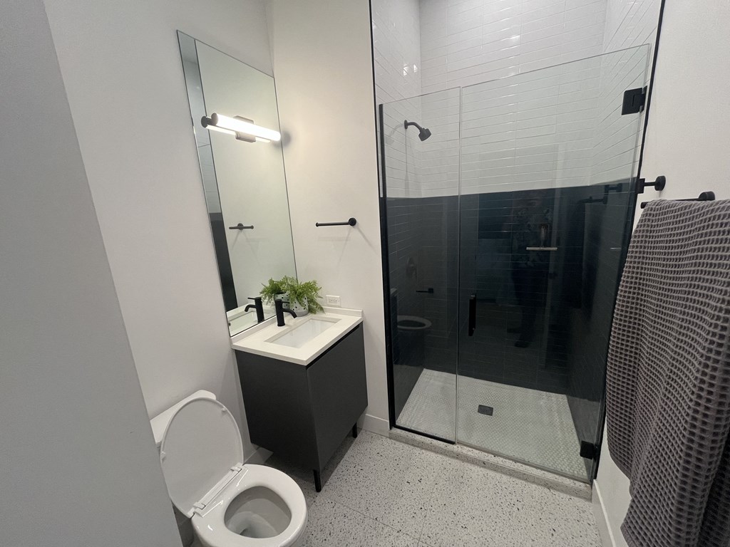 A bathroom with a toilet, sink, and shower.