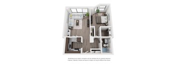 A white and wood floor plan of a house with a kitchen, living room, and two bedrooms.