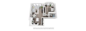 A white interior design layout of a house with a kitchen, living room, and bedrooms.