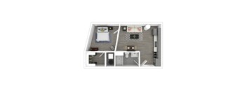 A top-down view of a small apartment with a bed, couch, and kitchen area.