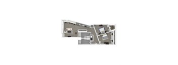 A 3D floor plan of a house with a kitchen, living room, and bedrooms.