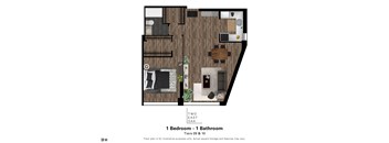 A floor plan of a bedroom and bathroom with a wood floor.