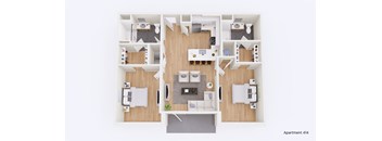 Apartment 414 has a living room, a kitchen, a dining room, and two bedrooms.