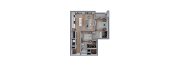 A 3D floor plan of a small apartment with a kitchen, living room, and bathroom.