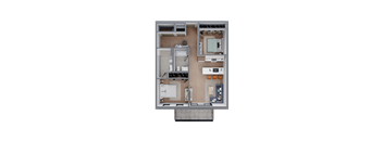 A 3D floor plan of a small apartment with a kitchen, living room, and bathroom.