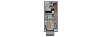 A 3D floor plan of a small apartment with a kitchen, living room, and bathroom.