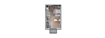 A 3D floor plan of a small apartment with a kitchen, living room, and bathroom.
