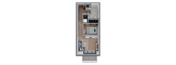 A 3D floor plan of a small apartment with a kitchen, living room, and bathroom.
