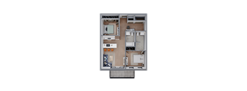 A 3D floor plan of a small apartment with a kitchen, living room, and bathroom.
