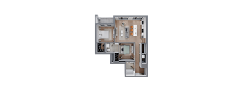 A 3D floor plan of a house showing a kitchen, living room, two bedrooms, and a bathroom.