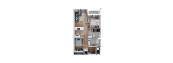 A 3D rendered image of a small apartment layout.