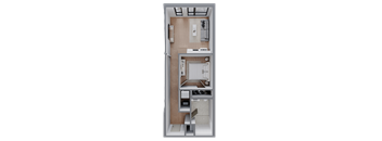 A 3D rendered image of a small, modern apartment layout.