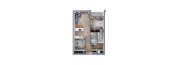 A 3D rendered image of a small apartment layout.