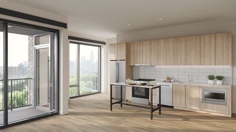 A modern kitchen with a view of the city.